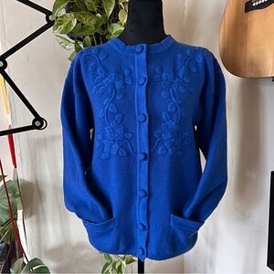 Dalton 80s 100% Pure Virgin Wool Royal Blue Embellished Cardigan - Medium